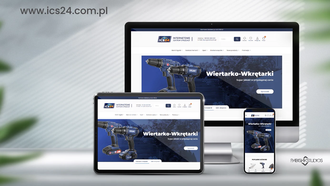 Sklep internetowy ics24.com.pl na ekranach komputera, tabletu i telefonu